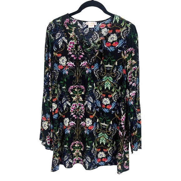 The Hanger Tops - Vintage Lace Up V-Neck Long Sleeve Floral Blouse